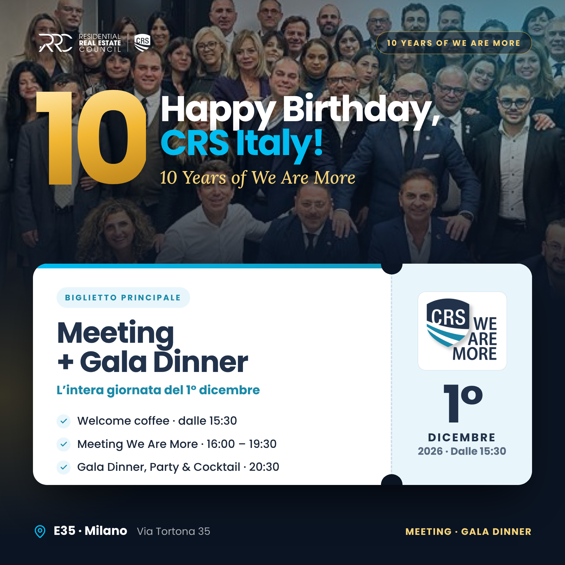 Happy Birthday, CRS Italy! – Biglietto principale · We Are More 2026 · Milano, 1° dicembre